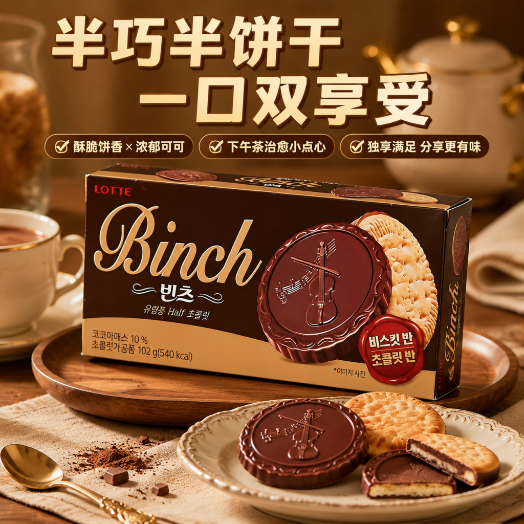 韩国进口零食乐天Binch宾驰纯黑巧克力饼干夹心102g休闲食品