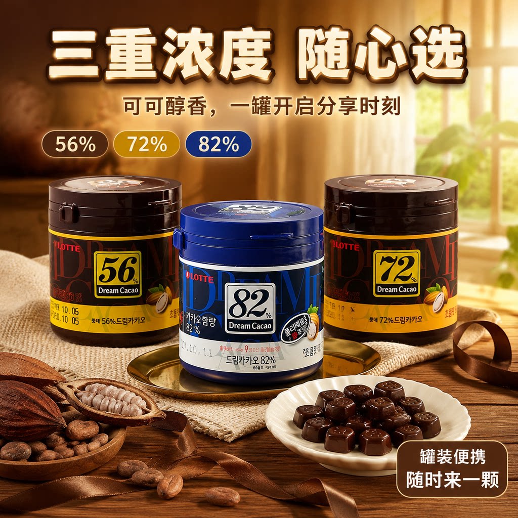 韩国进口LOTTE乐天梦幻黑巧克力豆56%72%82%纯可可罐装网红零食