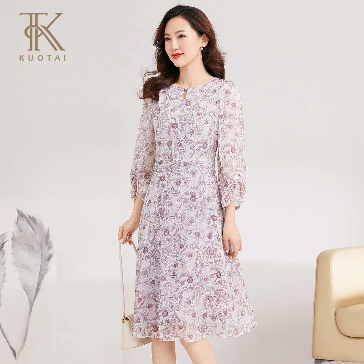 阔太2025春季新款气质马蹄袖收腰A摆印花七分袖连衣裙遮肉显瘦裙,女装/女士精品,连衣裙,淘宝优惠券,粉丝福利购,淘宝优惠卷