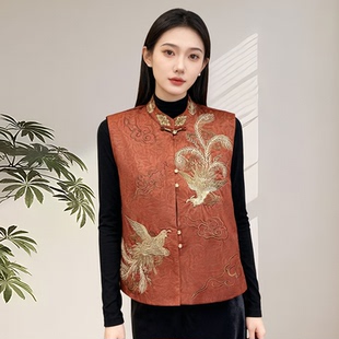 阔太春夏国风马甲女新中式仿香云纱提花刺绣立领盘扣马夹遮肉显瘦