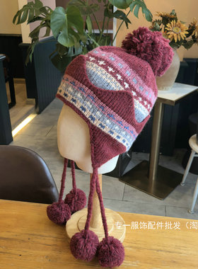 冬季加绒加厚费尔岛毛球护耳帽