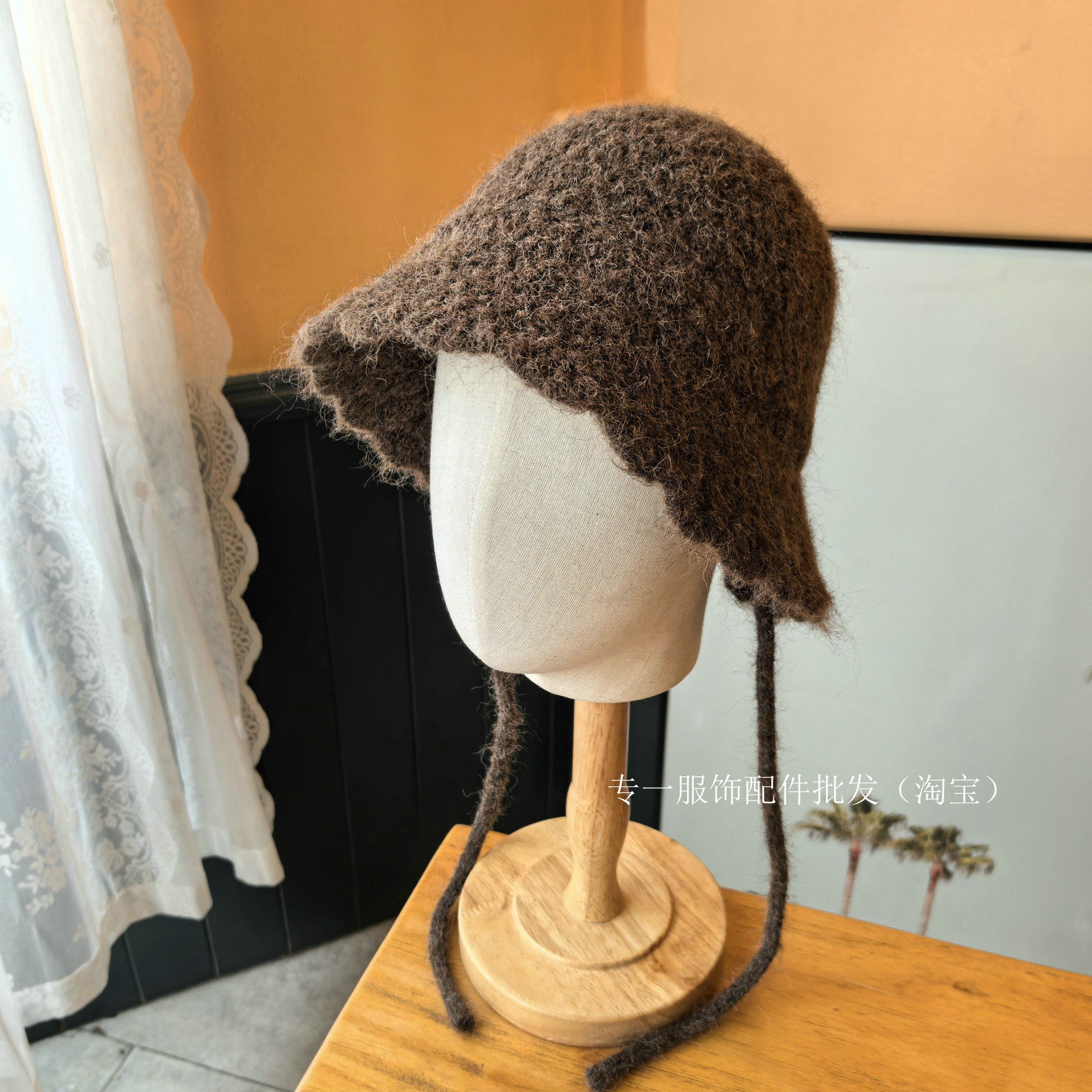 秋冬针织系带渔夫帽女显脸小盆帽