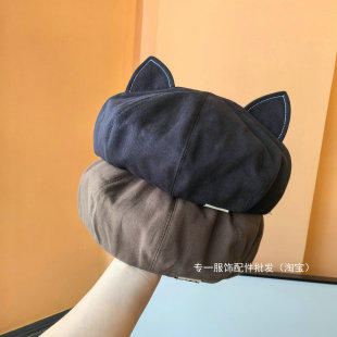 韩版贝雷帽女士春秋新款可爱猫耳朵画家帽百搭显脸小南瓜帽青年