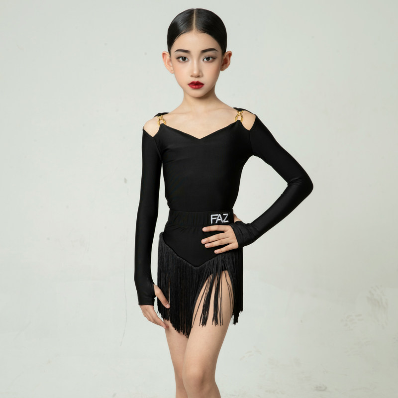 FAZ拉丁舞服女童舞蹈训练服连体上衣长袖流苏裙黑色上课套装