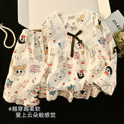 儿童睡衣女童春秋长袖家居服大码亲子装蜡笔小新云朵棉中大童套装