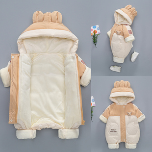 婴儿秋冬季新款加绒加厚连体衣棉服男女宝宝可爱超萌保暖外出抱衣