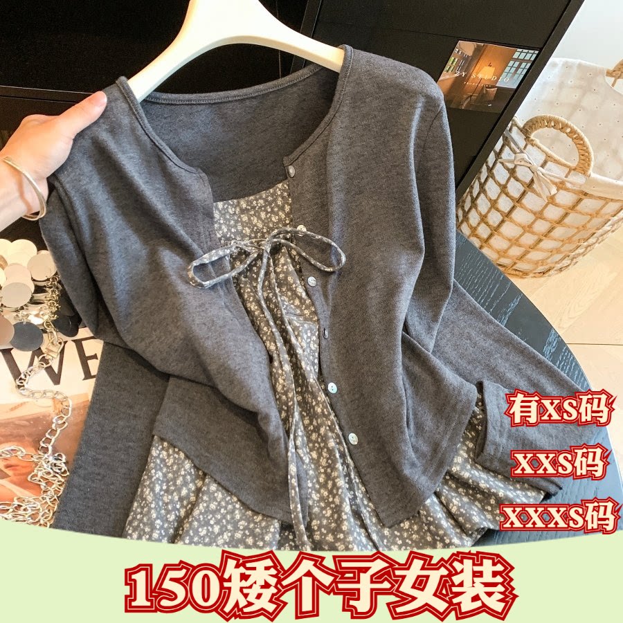 小个子加小码女装秋季150cm显高XXXS碎花蝴蝶吊带开衫两件套长袖图片