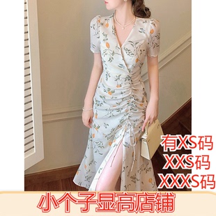 小个子夏季 150cm加小码 XXXS显高高级感收腰泡泡袖 碎花连衣裙 女装