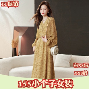 秋装女装矮个子150cm新款XXS加小码碎花连衣裙长袖印花V领裙时尚