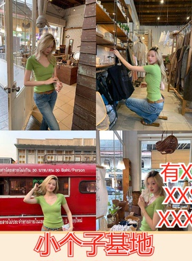 夏季155cm小矮个子显高XXXS女装v领短袖t恤女2026正肩针织打底衫