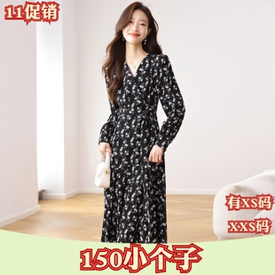 秋装女装小矮个子150cm加小码XXS号V领碎花连衣裙长袖打底裙时尚