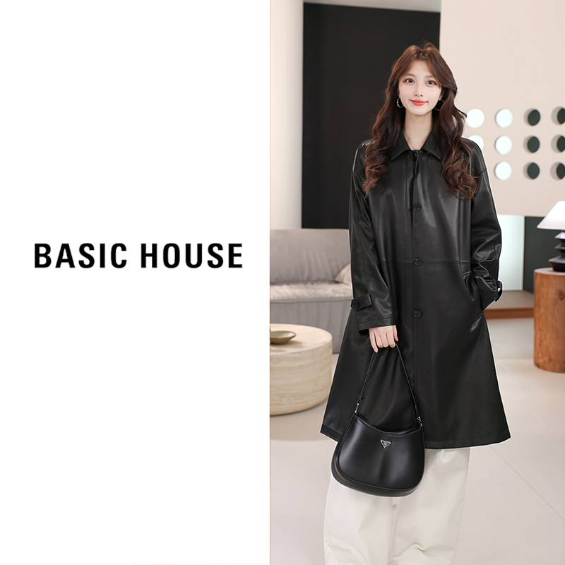 Basic House/百家好新款长皮衣外套风衣女B1295B55552（衣长95）