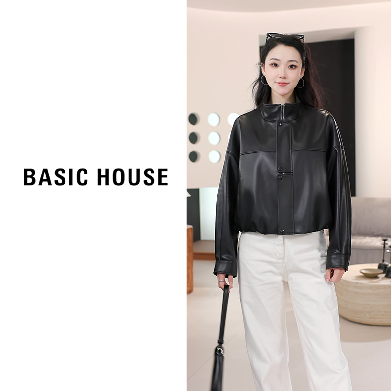 Basic House/百家好秋新款皮衣夹克短外套女B1295B5I952(衣长51)