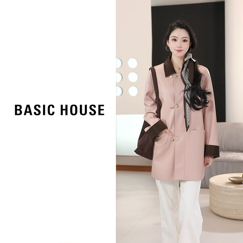 Basic House/百家好2025秋皮衣中长款外套B1295B5R042（衣长78）