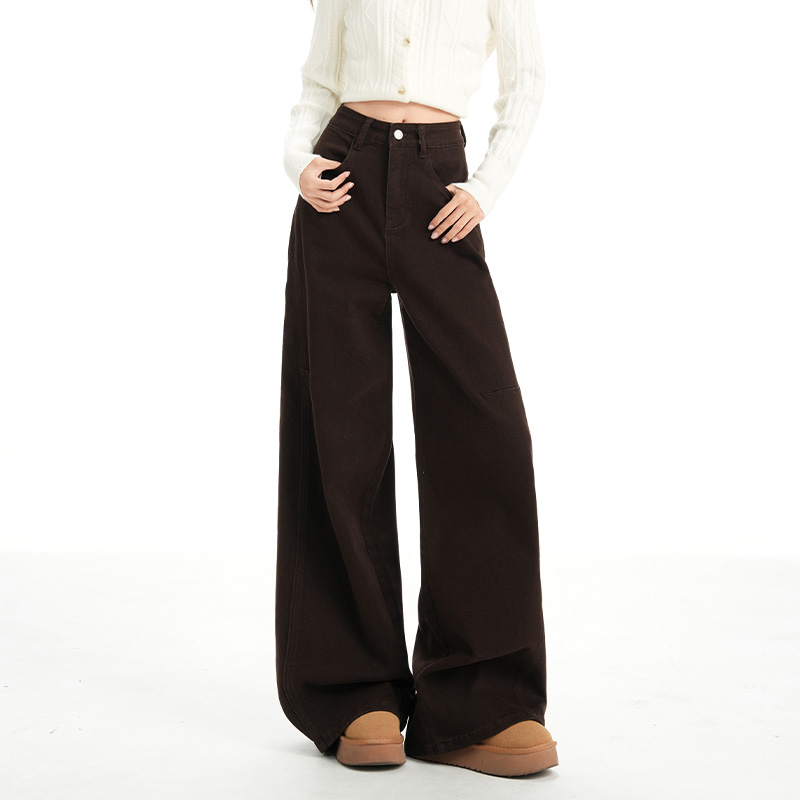乔栈爆款咖啡色解构设计阔腿牛仔裤女秋冬季慵懒氛围感小个子穿搭