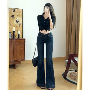 女显瘦百搭喇叭裤 乔栈2025秋季 蓝灰色低腰微喇牛仔裤 复古美式 新款