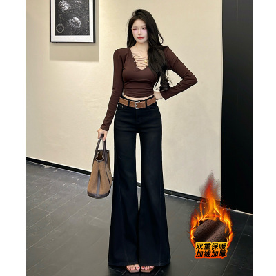 乔栈黑色加绒不贴腿微喇牛仔裤女秋冬新款高腰提臀显瘦小个子喇叭