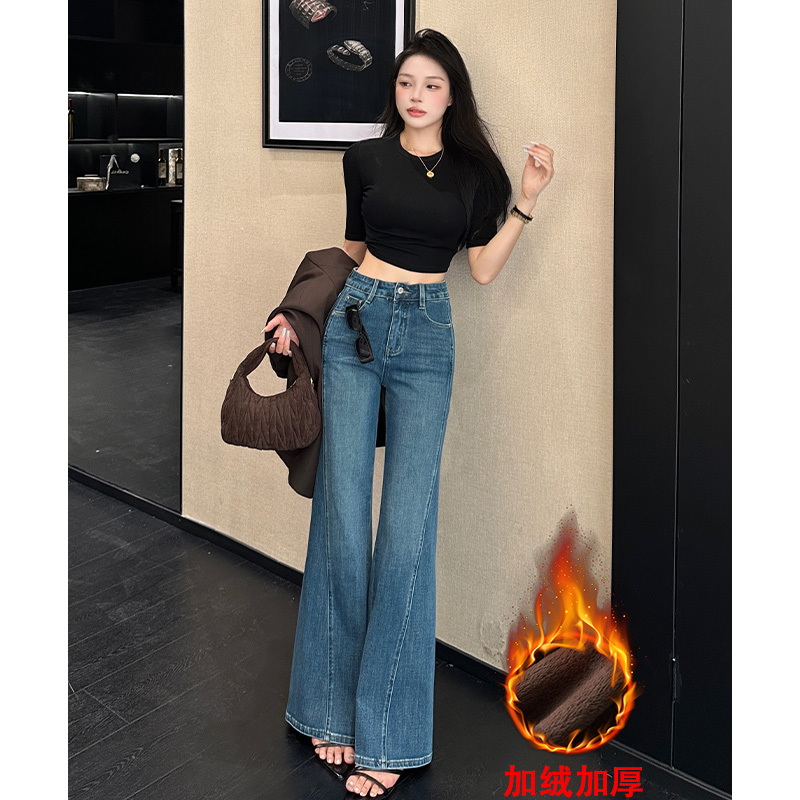 【林小雅专享】乔栈蓝色设计感微喇牛仔裤女秋冬加绒高腰宽松喇叭