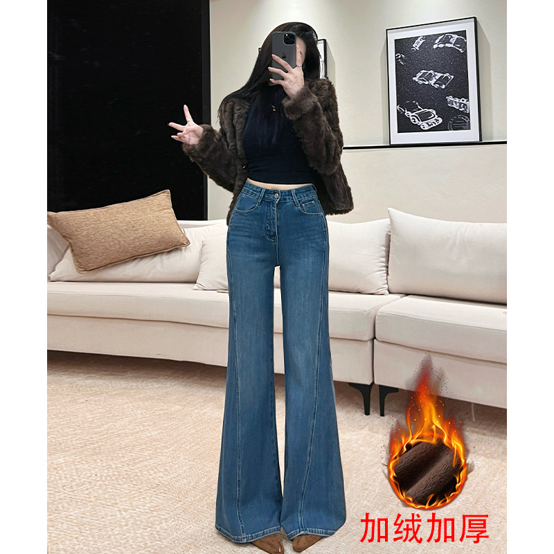 乔栈爆款加绒加厚百搭微喇牛仔裤女秋冬季高腰遮肉洋气小个子长裤