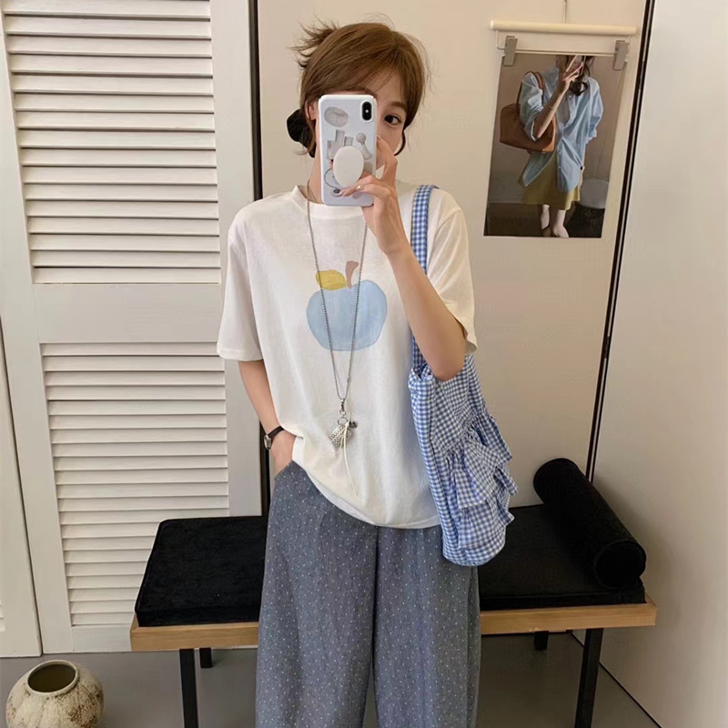 2025夏季新款韩版简约百搭宽松显瘦苹果印花减龄短袖T恤女上衣ins