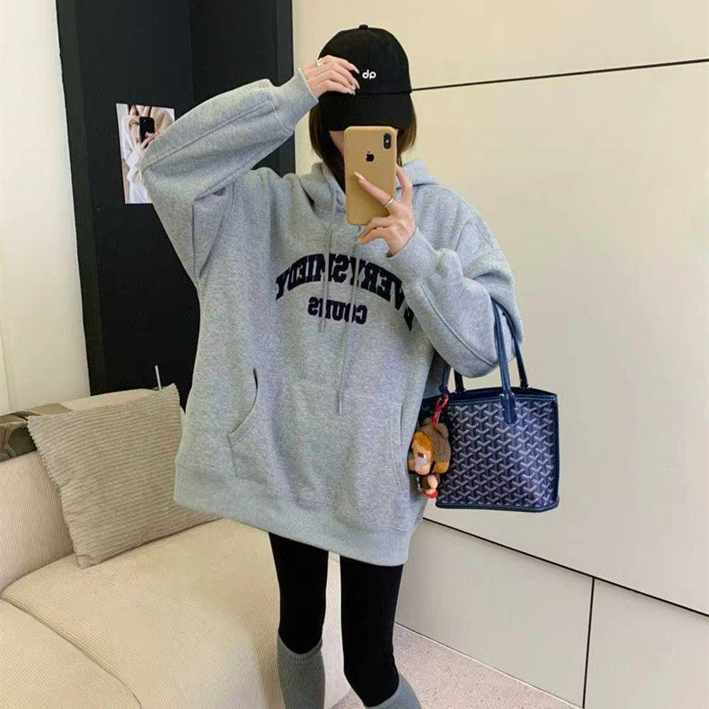 中长款宽松大版加绒连帽卫衣女2025秋冬新款宽松休闲套头帽衫上衣
