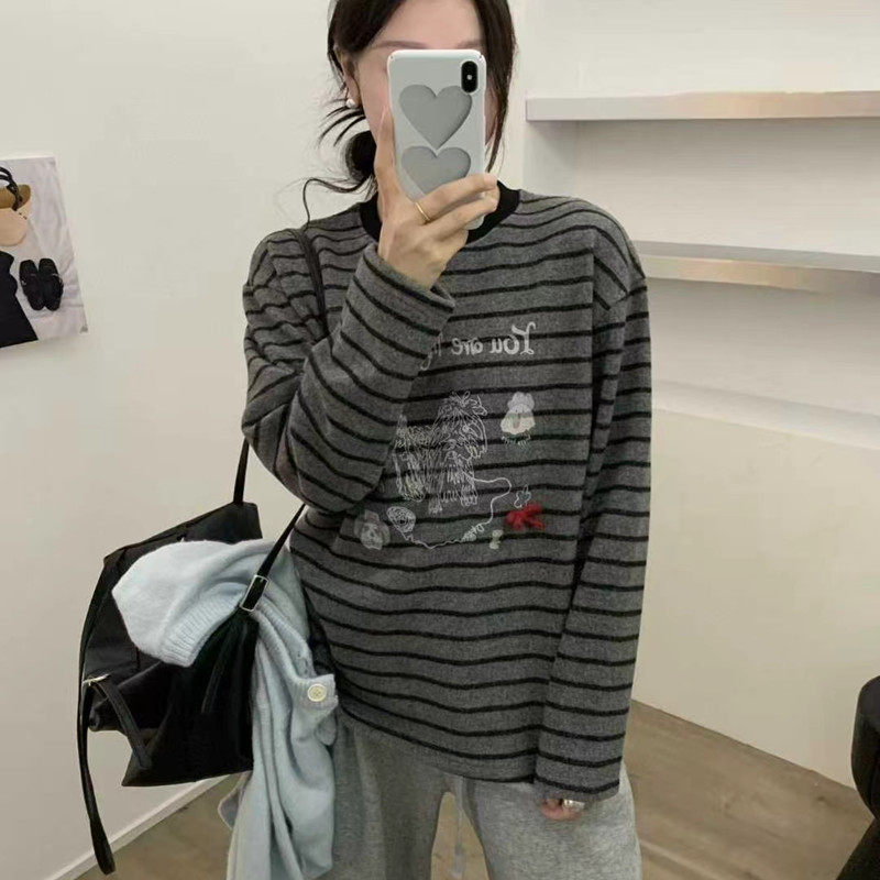 韩版卡通小狗条纹长袖T恤女加绒2025冬季新款宽松减龄打底衫上衣