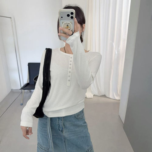 韩系简约百搭纯色长袖纽扣T恤女