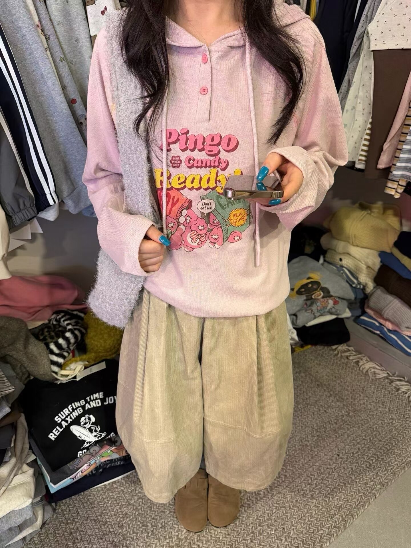 韩系卡通印花棉麻连帽卫衣女2026秋季新款宽松减龄帽衫上衣ins薄
