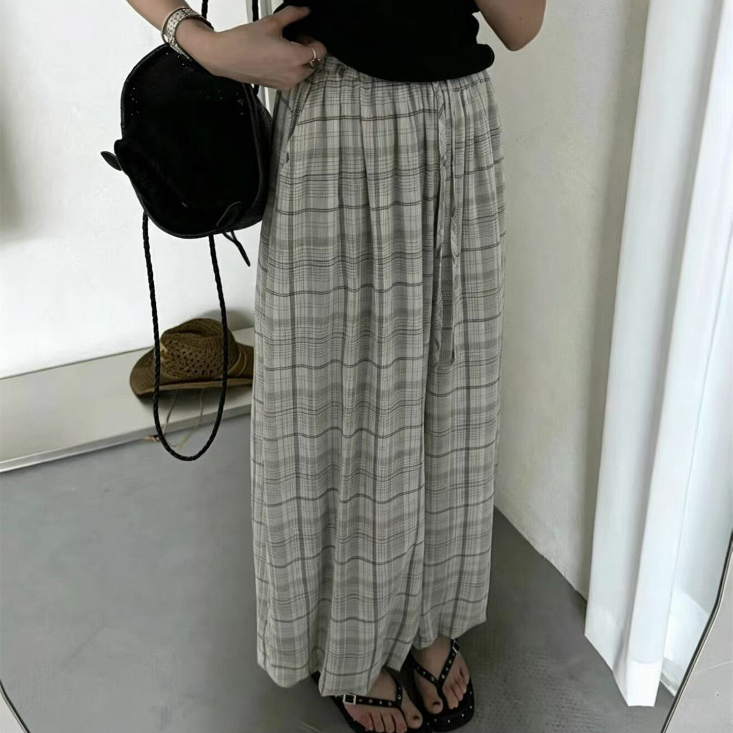 韩版纯棉格子休闲裤女阔腿灯笼裤