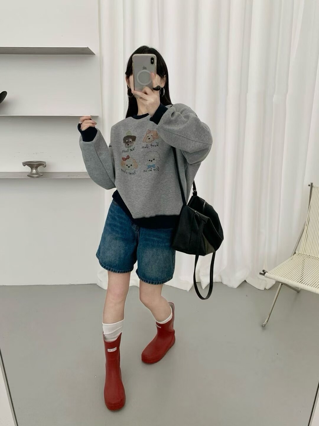 韩系卡通小狗印花圆领无帽卫衣女2026春季新款小个子宽松减龄上衣