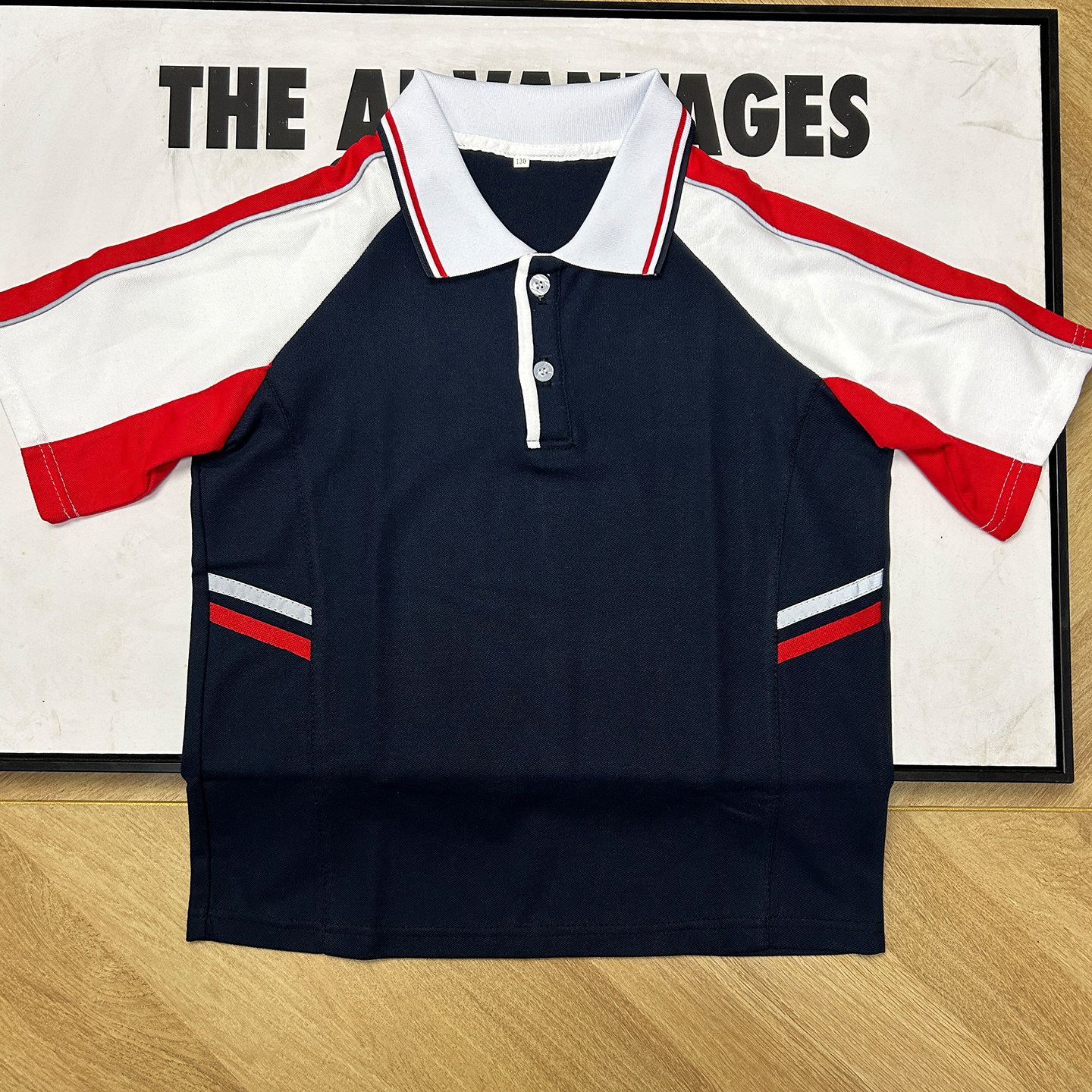 藏蓝色拼接红白短袖学生校服翻领POLO衫上衣夏季休闲运动班服半袖