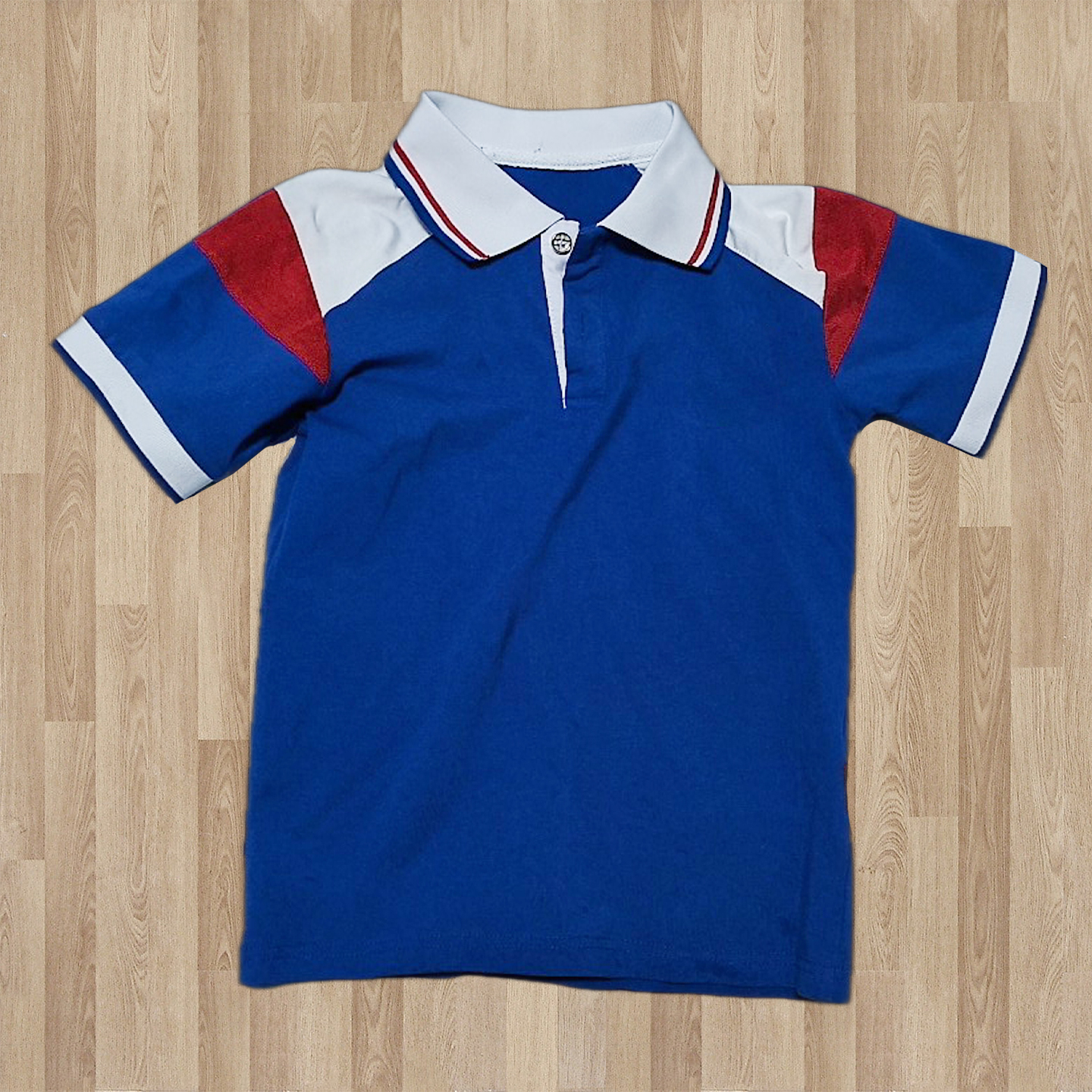 宝石蓝色短袖校服上衣夏季拼白红