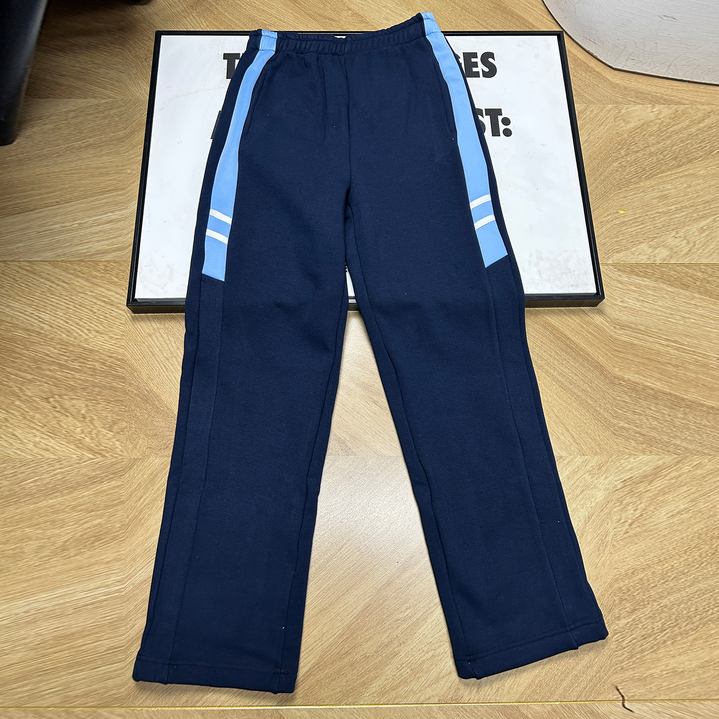 学生校服裤子浅蓝色拼接白条男女高初中小学生藏蓝色运动直筒长裤