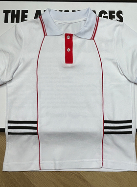 定制校服短袖白色上衣拼红色细条中小学生纯棉翻领休闲运动pole衫