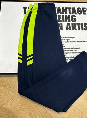 学生校服裤子黄色宽边拼接条男女高初中小学生藏蓝色运动直筒长裤