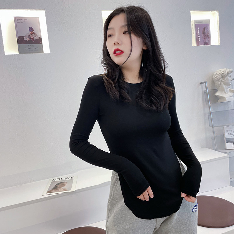 弧形下摆打底衫女T恤冬大码胖M小众设计感小衫时尚正肩带肩垫上衣