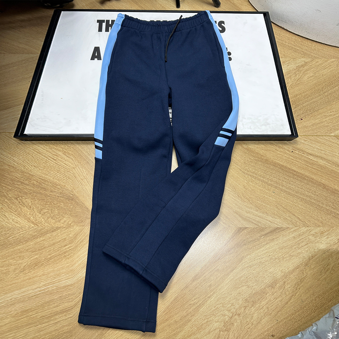 学生校服裤子浅蓝色宽边拼接男女高初中小学生藏蓝色运动直筒长裤