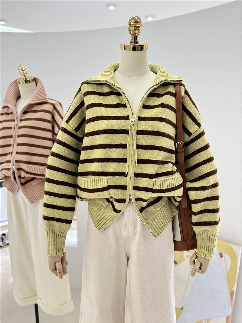 立领韩版宽松针织双拉链毛衣开衫