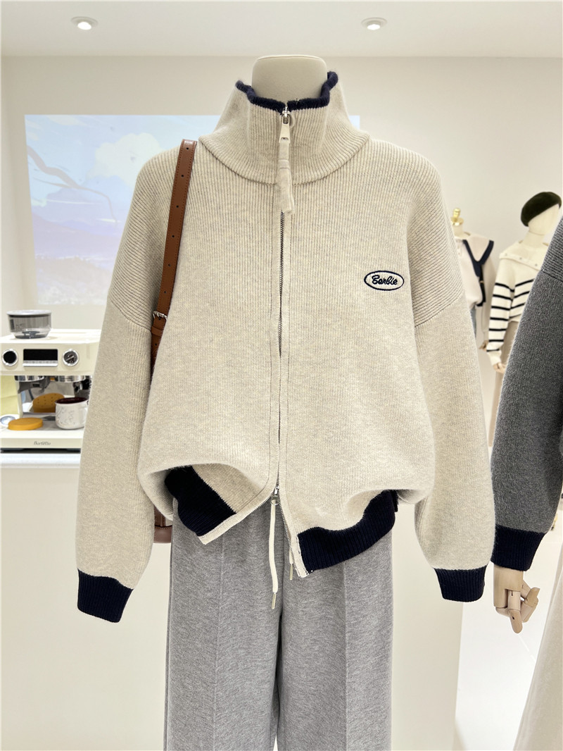 立领韩系宽松针织拉链毛衣开衫