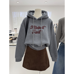 冬季新款韩系慵懒休闲复古刺绣字母宽松加绒加厚保暖连帽卫衣女