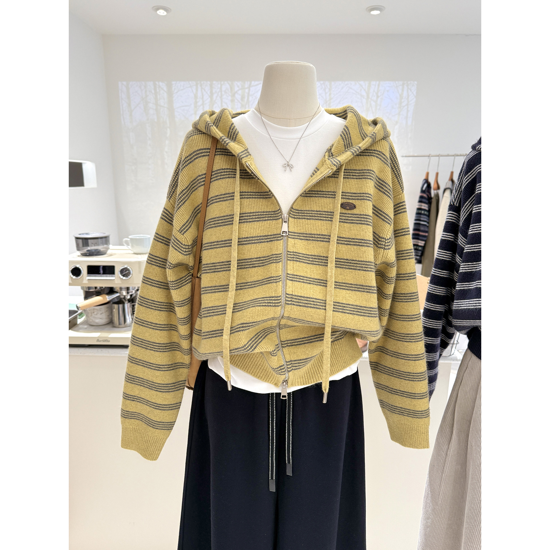 韩系慵懒宽松双拉链连帽毛衣外套