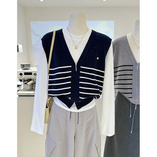 韩系学院风条纹针织叠穿V领马甲 T恤两件套背心女外搭坎肩 长袖