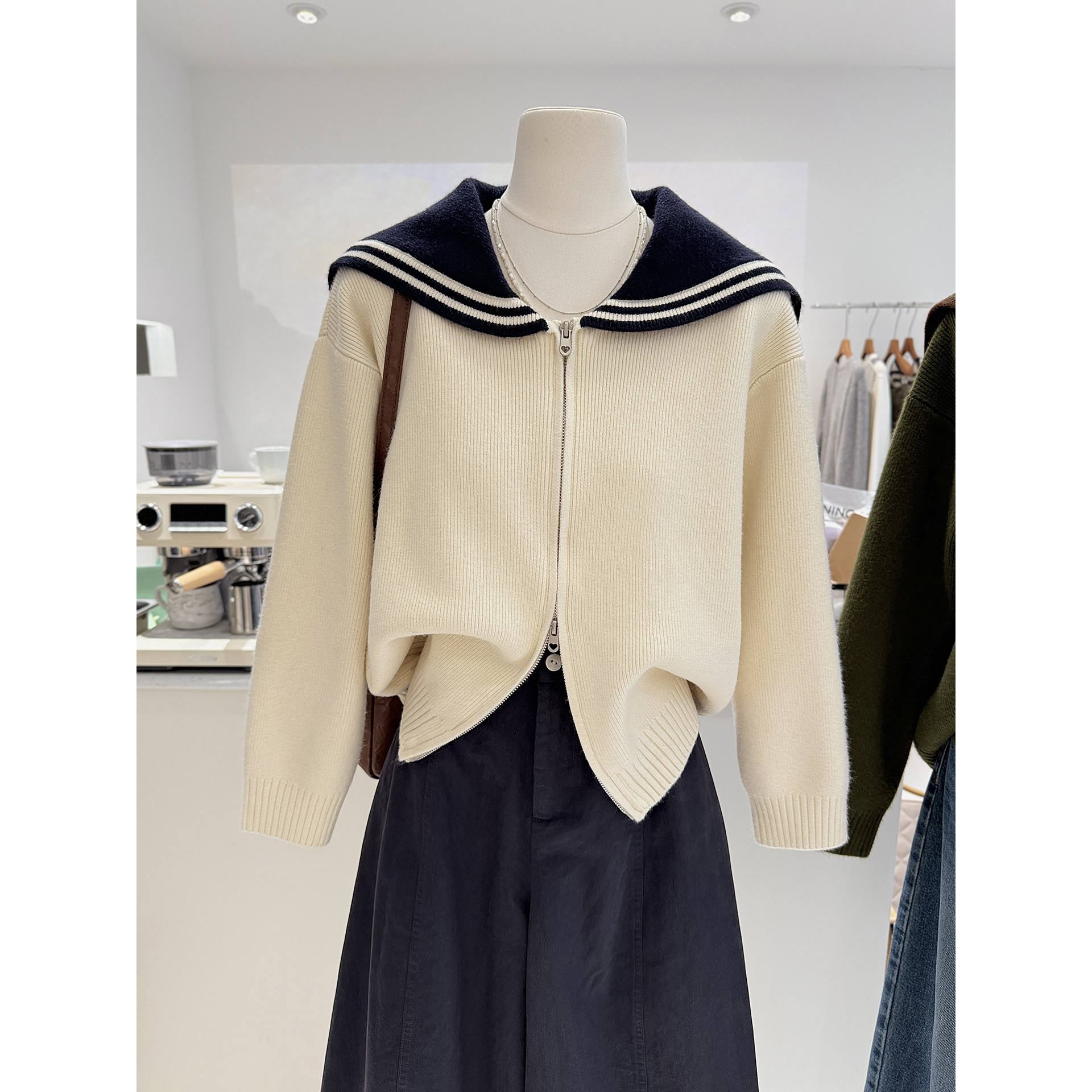 韩系海军领双拉链针织开衫毛衣