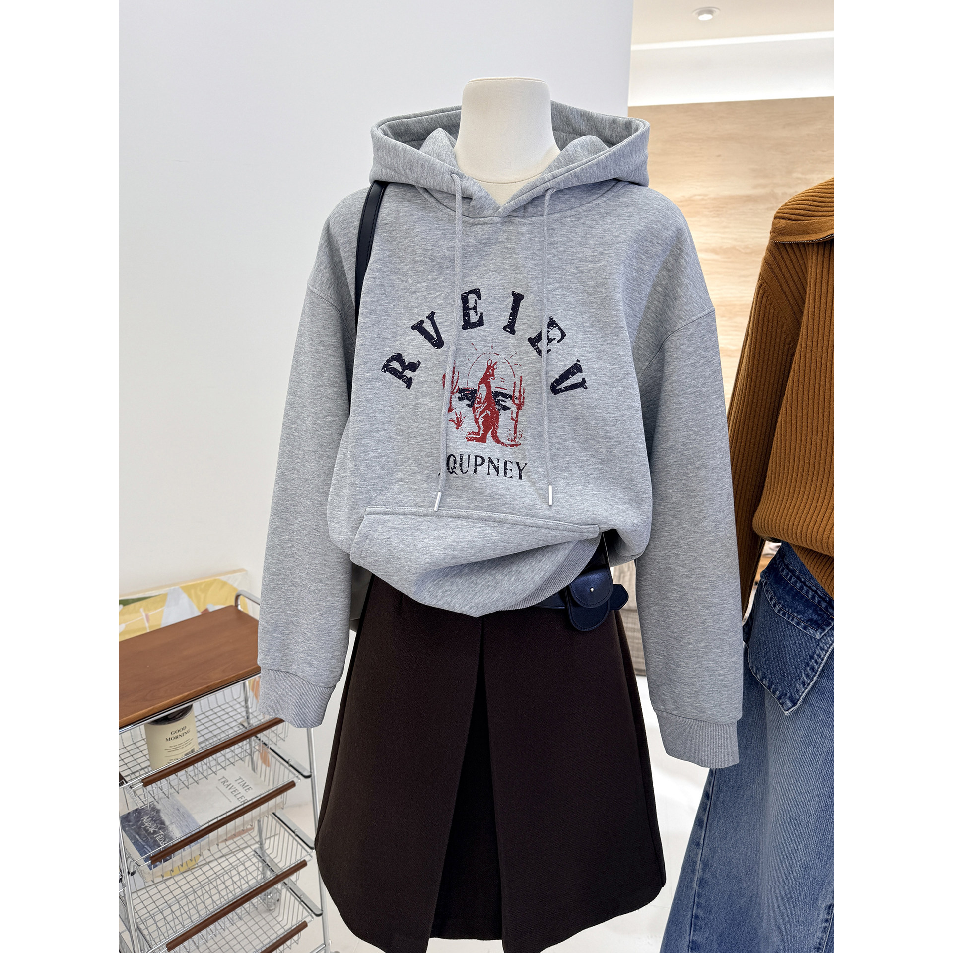 复古慵懒休闲韩版宽松连帽卫衣女加绒做旧字母套头长袖上衣通勤风