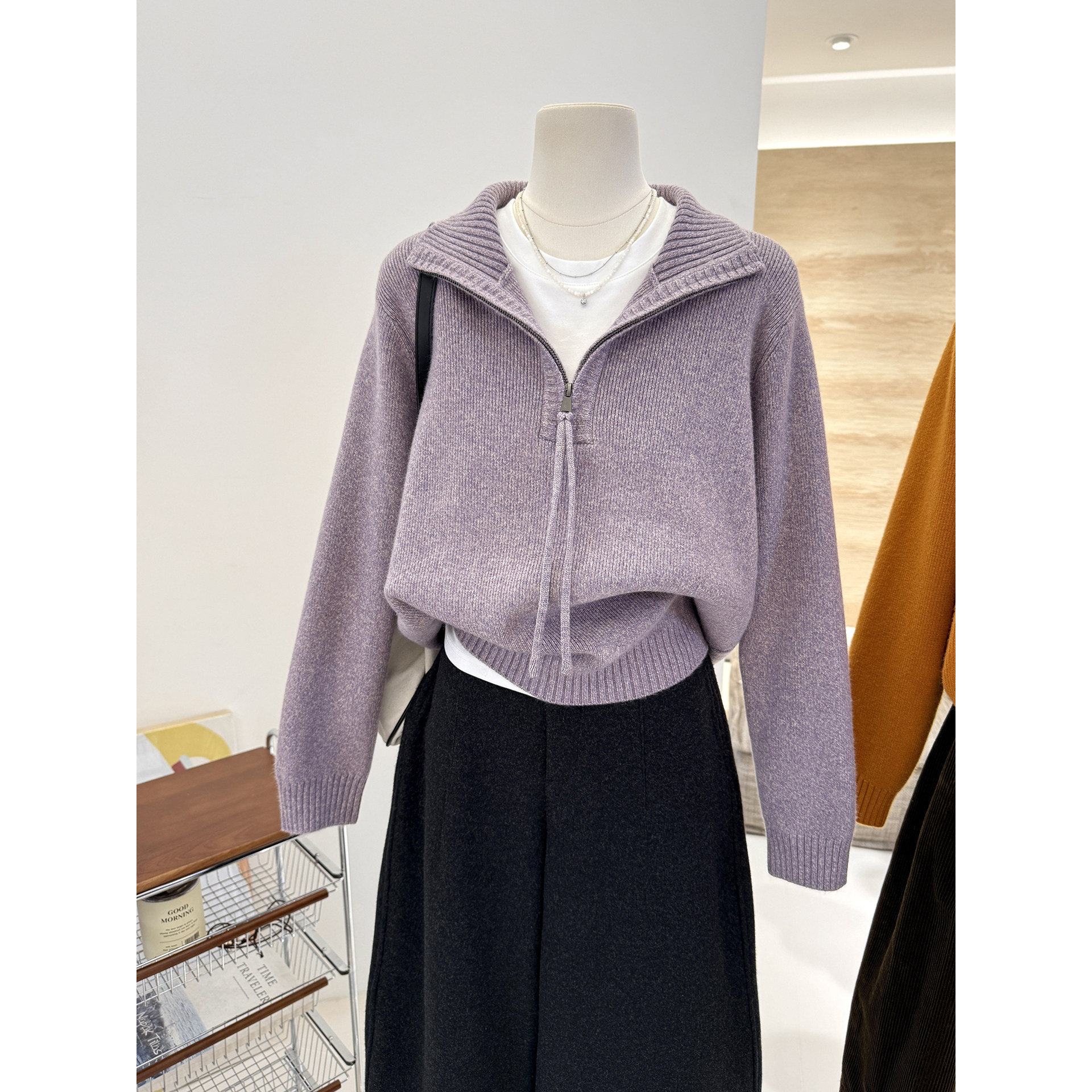 慵懒紫色复古半拉链高领毛衣