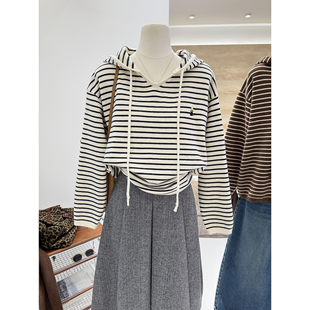 连帽条纹卡通刺绣慵懒小众百搭针织毛衣女 宽松时尚 秋冬新款 韩版