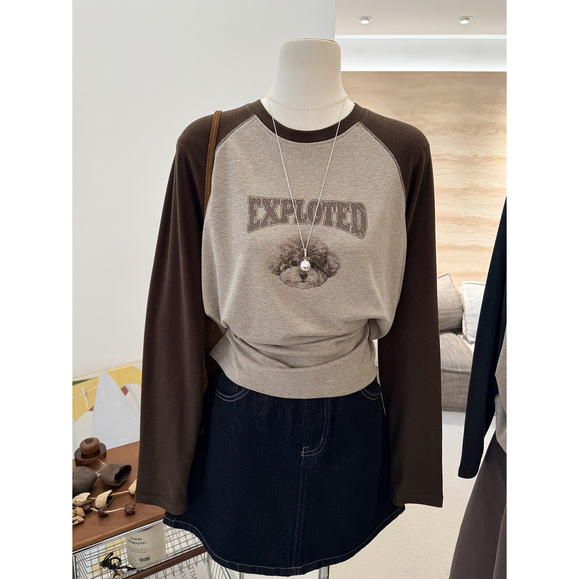 秋冬新款韩系卡通小狗插肩保暖舒适宽松显瘦长袖T恤女打底衫上衣