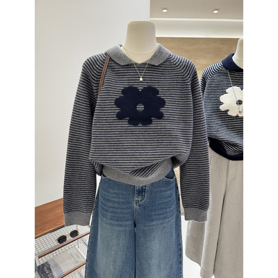 韩系简约花朵图案条纹拼色毛衣