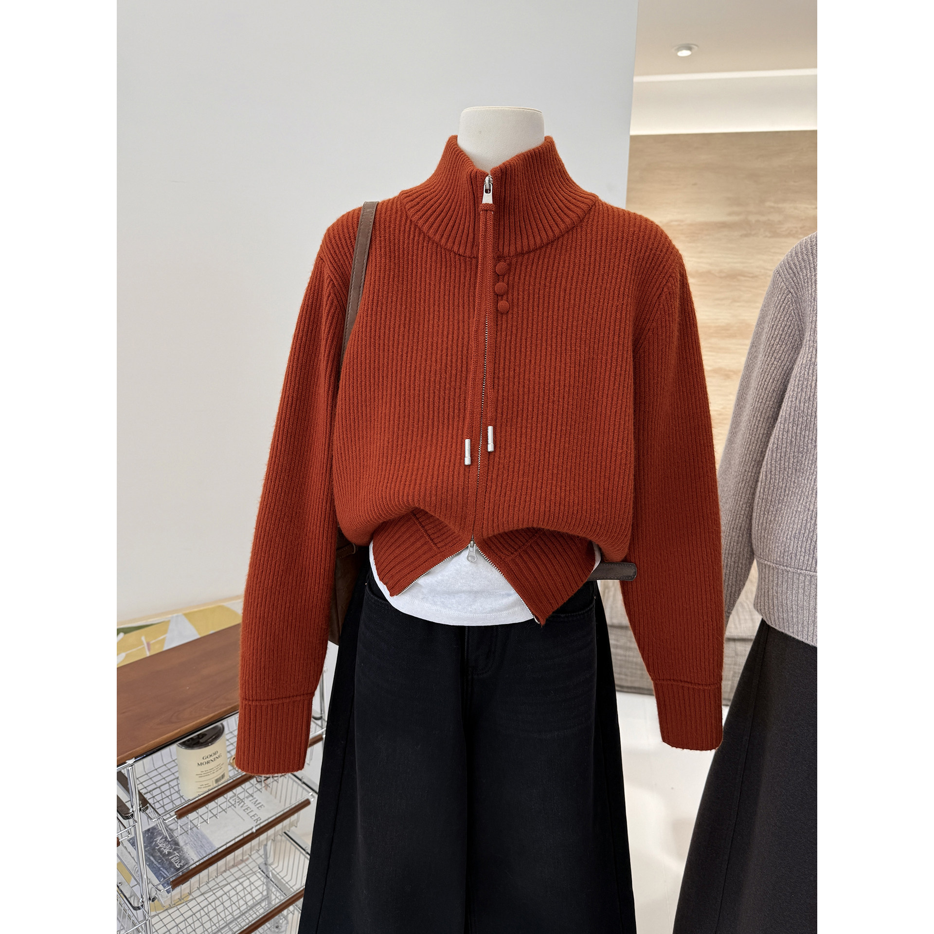 高领慵懒韩系冬款休闲花线高级气质拉链短款针织开衫拉链毛衣外套