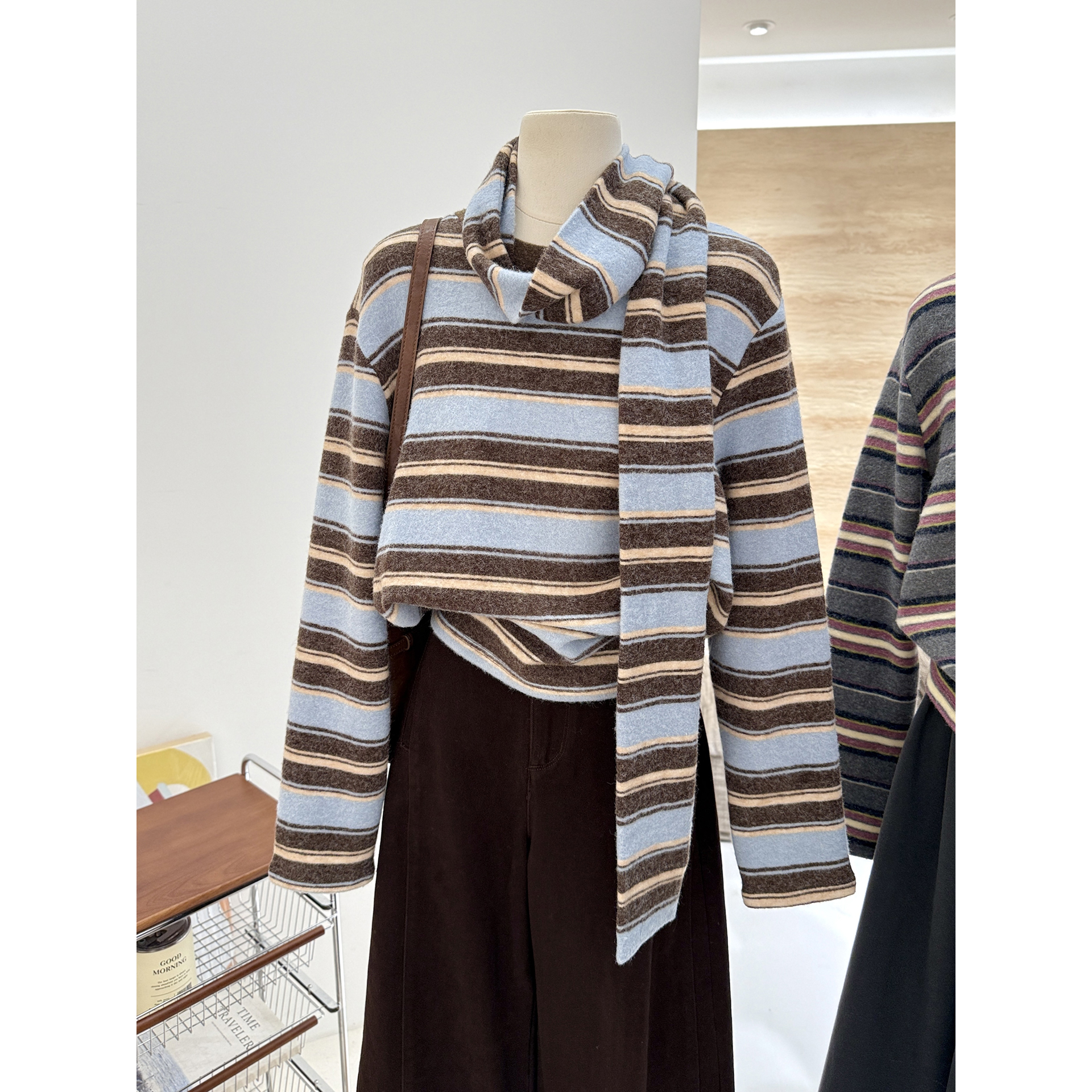 复古慵懒条纹加厚磨毛棉T恤